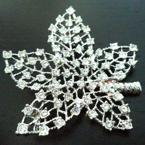 Vintage rhinestone leaf brooch pin silver tone